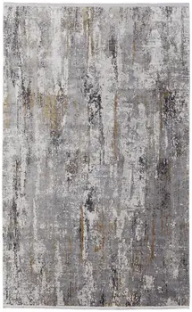 3' X 5' Gray Ivory and Gold Abstract Power Loom Area Rug With Fringe