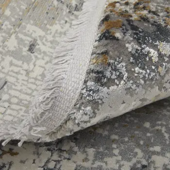 3' X 5' Gray Ivory and Gold Abstract Power Loom Area Rug With Fringe
