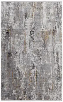 5' X 8' Gray Ivory and Gold Abstract Power Loom Area Rug With Fringe