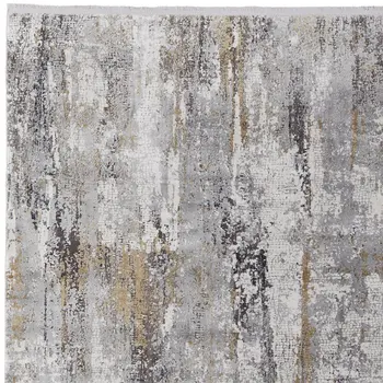 7' X 10' Gray Ivory and Gold Abstract Power Loom Area Rug With Fringe
