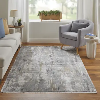 10' Gray Ivory and Gold Abstract Power Loom Runner Rug With Fringe