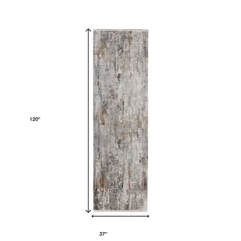 10' Gray Ivory and Gold Abstract Power Loom Runner Rug With Fringe