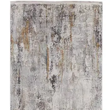 10' Gray Ivory and Gold Abstract Power Loom Runner Rug With Fringe