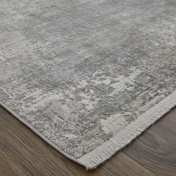 10' Gray Abstract Power Loom Runner Rug With Fringe