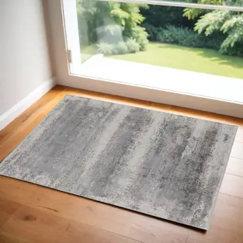 2' X 3' Gray Abstract Power Loom Area Rug With Fringe