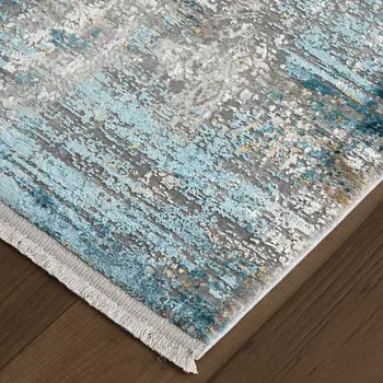 10' Ivory Gray and Blue Abstract Power Loom Runner Rug With Fringe