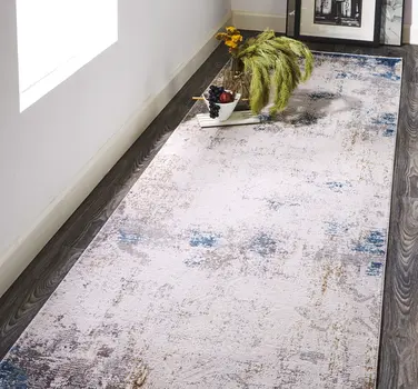 10' Ivory Gray and Blue Abstract Power Loom Runner Rug With Fringe