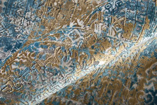 7' X 10' Blue Gold and Gray Abstract Power Loom Area Rug With Fringe