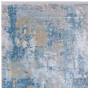 7' X 10' Blue Gold and Gray Abstract Power Loom Area Rug With Fringe