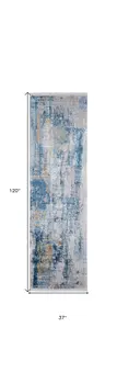 10' Blue Gold and Gray Abstract Power Loom Runner Rug With Fringe