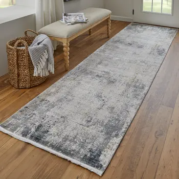 10' Ivory Taupe and Gray Abstract Power Loom Distressed Runner Rug With Fringe