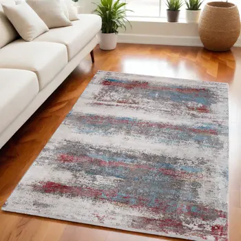 5' X 8' Gray Blue and Red Abstract Power Loom Area Rug With Fringe