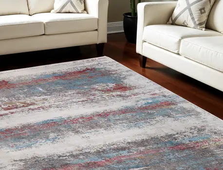8' X 11' Gray Blue and Red Abstract Power Loom Area Rug With Fringe