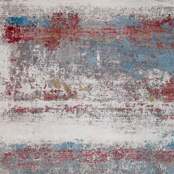 10' X 13' Gray Blue and Red Abstract Power Loom Area Rug With Fringe