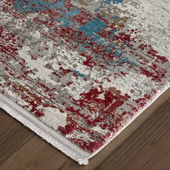 10' Gray Blue and Red Abstract Power Loom Runner Rug With Fringe
