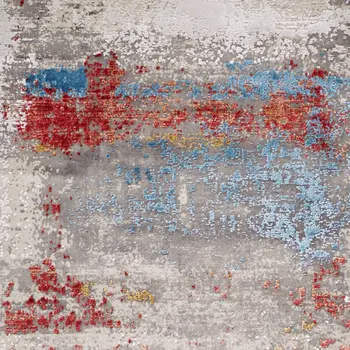 10' Gray Blue and Red Abstract Power Loom Runner Rug With Fringe