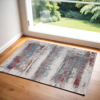 2' X 3' Gray Blue and Red Abstract Power Loom Area Rug With Fringe