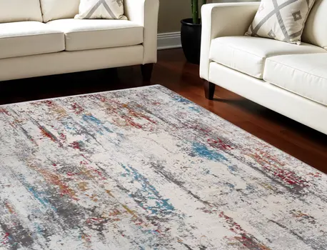 10' X 13' Gray Blue and Red Abstract Power Loom Area Rug With Fringe