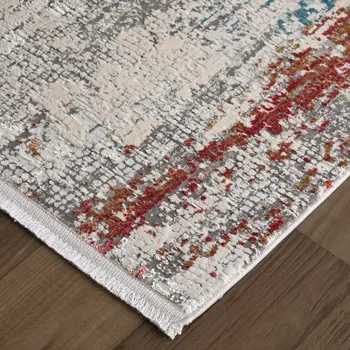 10' Gray Blue and Red Abstract Power Loom Runner Rug With Fringe