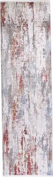 10' Gray Blue and Red Abstract Power Loom Runner Rug With Fringe