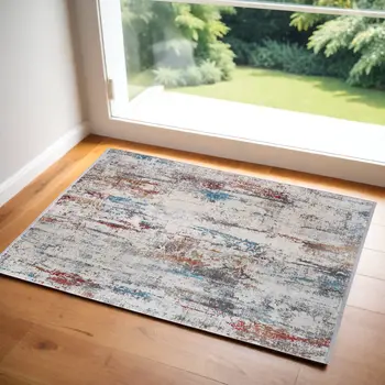 2' X 3' Gray Blue and Red Abstract Power Loom Area Rug With Fringe