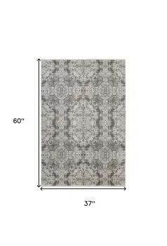 3' X 5' Ivory Taupe and Gray Abstract Power Loom Distressed Area Rug With Fringe