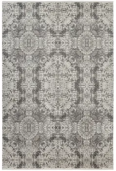 5' X 8' Ivory Taupe and Gray Abstract Power Loom Distressed Area Rug With Fringe