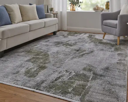 3' X 5' Gray Silver and Green Ikat Power Loom Area Rug With Fringe