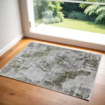 3' X 5' Gray Silver and Green Ikat Power Loom Area Rug With Fringe