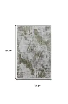 12' X 18' Gray Silver and Green Ikat Power Loom Area Rug With Fringe