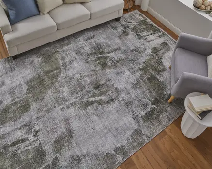 12' X 15' Gray Silver and Green Ikat Power Loom Area Rug With Fringe