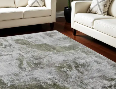 12' X 15' Gray Silver and Green Ikat Power Loom Area Rug With Fringe