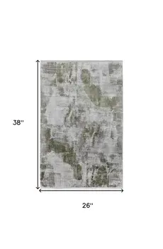 2' X 3' Gray Silver and Green Ikat Power Loom Area Rug With Fringe
