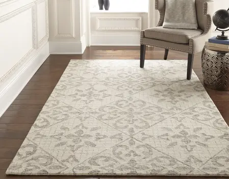 5' X 8' Ivory and Gray Wool Floral Hand Tufted Area Rug