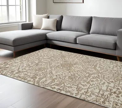 12' X 15' Brown and Ivory Wool Oriental Hand Tufted Area Rug
