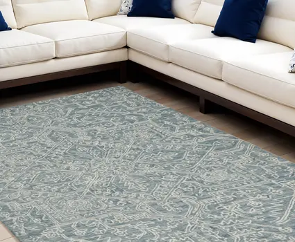 10' X 14' Green Blue and Ivory Wool Oriental Hand Tufted Area Rug