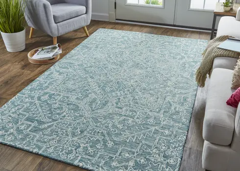 10' X 14' Green Blue and Ivory Wool Oriental Hand Tufted Area Rug