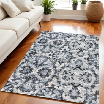 5' X 8' Blue Black and Ivory Ikat Power Loom Area Rug