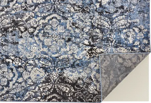 8' X 11' Blue Black and Ivory Abstract Power Loom Distressed Area Rug