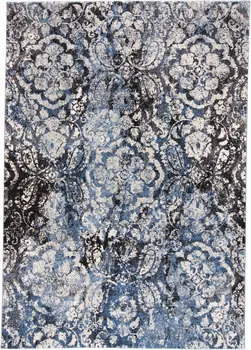 8' X 11' Blue Black and Ivory Abstract Power Loom Distressed Area Rug