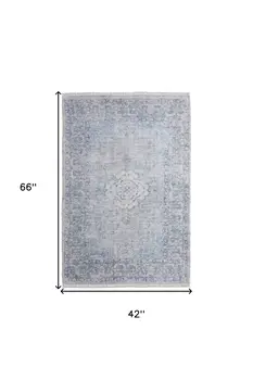 4' X 6' Gray Blue and Ivory Oriental Hand Woven Distressed Area Rug With Fringe