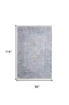 8' X 10' Gray Blue and Ivory Oriental Hand Woven Distressed Area Rug With Fringe