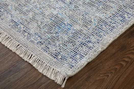 9' X 12' Gray Blue and Ivory Oriental Hand Woven Distressed Area Rug With Fringe