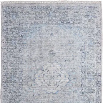 9' X 12' Gray Blue and Ivory Oriental Hand Woven Distressed Area Rug With Fringe