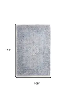 9' X 12' Gray Blue and Ivory Oriental Hand Woven Distressed Area Rug With Fringe