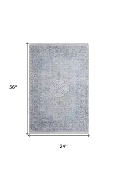 2' X 3' Gray Blue and Ivory Oriental Hand Woven Distressed Area Rug With Fringe