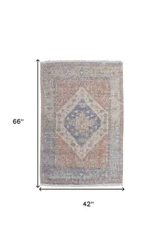 4' X 6' Red Blue and Ivory Abstract Hand Woven Distressed Area Rug With Fringe