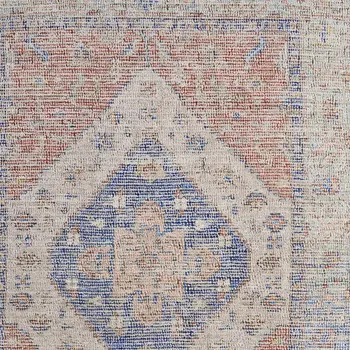 5' X 8' Red Blue and Ivory Abstract Hand Woven Distressed Area Rug With Fringe