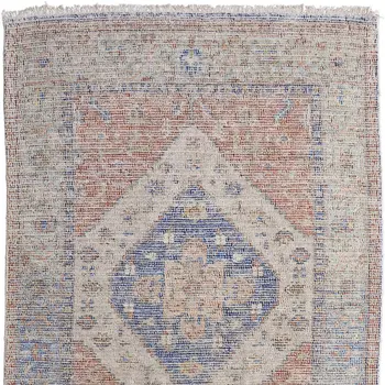 5' X 8' Red Blue and Ivory Abstract Hand Woven Distressed Area Rug With Fringe