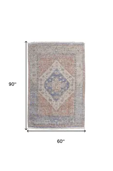 5' X 8' Red Blue and Ivory Abstract Hand Woven Distressed Area Rug With Fringe